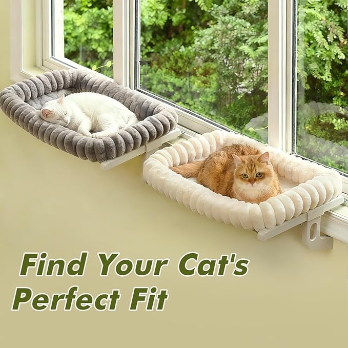 Cloud-Cuddle Cat Window Perch with 4-Sided Bolster, Zipper Design Cushion Window Seat for Window Sill, Sturdy Metal Frame & Easy Assembly Pet Hammock Bed for Indoor Cats (White, Medium)