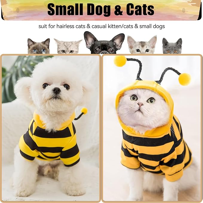 DENTRUN Sphynx Hairless Cats Costume Funny Bee Warm Winter Sweater Cute Pullover Kitten Shirts Breathable Cat Leisure Wear Turtleneck Vest Adorable Cat's Clothes Jacket Pajamas Jumpsuit, L