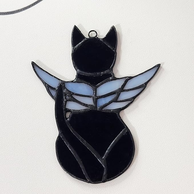 Handcrafted Stained Glass Black Angel Cat Suncatcher - Pet Memorial Gift with Colorful Wings, Cat Lovers Sympathy Gift, Home Window Decor