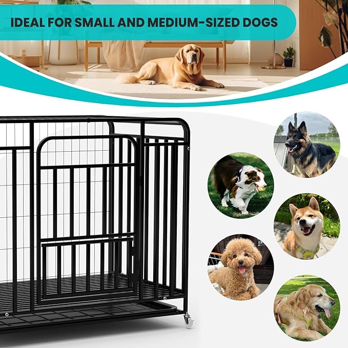 43.3×29.5×35.4 in Heavy Duty Dog Crate, Alloy Steel Material Dog Kennel, with 3 Doors 4 Lockable Wheels 1 Removable Trays, Dog Cage Kennel for Small to Medium Dogs (43 in)