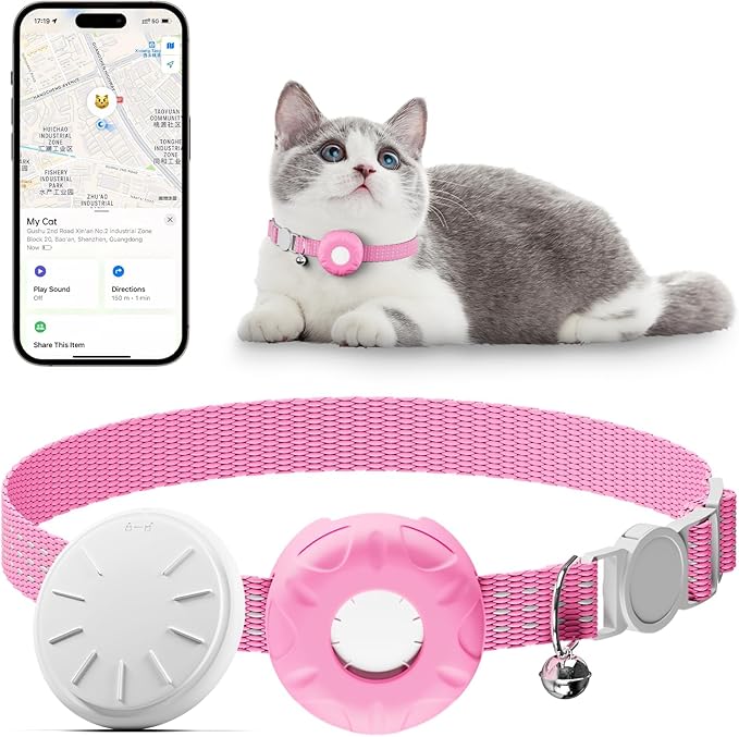 Cat GPS Tracker for Cats, Waterproof Pet GPS Tracker, Compatible with Apple Find My App (Only iOS), No Monthly Fee (White Tracker, Pink Cat Collar)-2025091601