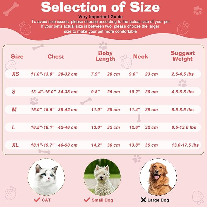 2-Piecs Cotton Detachable Pet Cat Dog Collar with Strawberry Pendant and Bell + 1-Piece Small Dog Cat Dress, Girl's Cat Costume, Cute Bow-Decorated Outfit, Strawberry Print Pet Birthday Set (Large)