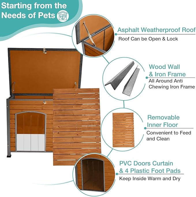 Feral Dog Heated House Outdoor,Anti Bite Iron Frame Dog Kennel,Wood Warm Pets Home,Insulated Weatherproof Outside Shelter for Feral Animal (43.3" (L) x 29.4" (W) x 33.4" (H)-Brown-in)