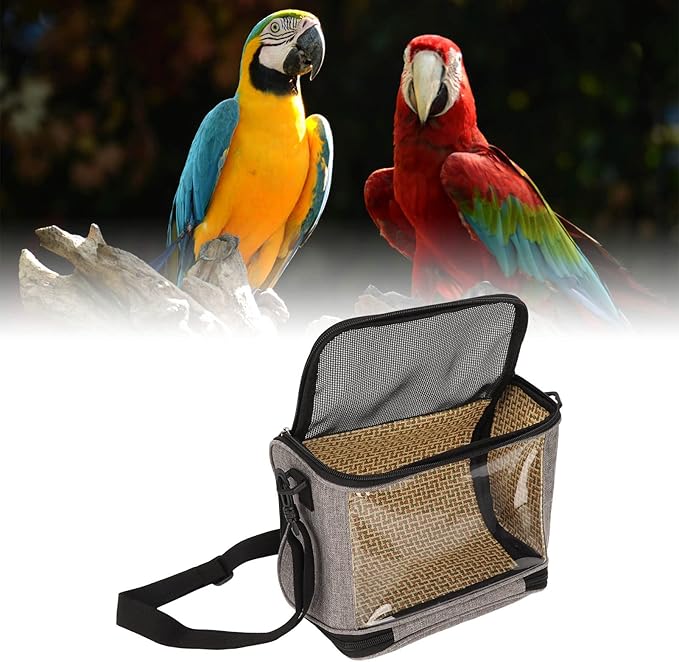 Transparent Bird Carrier Bag, Portable Lightweight Parrot Travel Cage with Ventilated Mesh and Rattan Weave for Cockatiels Parakeets Small Birds (Gray)