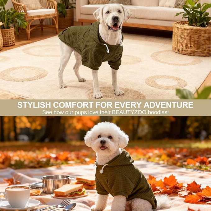 BEAUTYZOO Small Dog Hoodie Sweater with Pockets, Dog Clothes for Small Medium Dogs Boy Girl, Waffle-Like Laminated Cotton Pet Coats with Hat and Leash Hole, Army Green M
