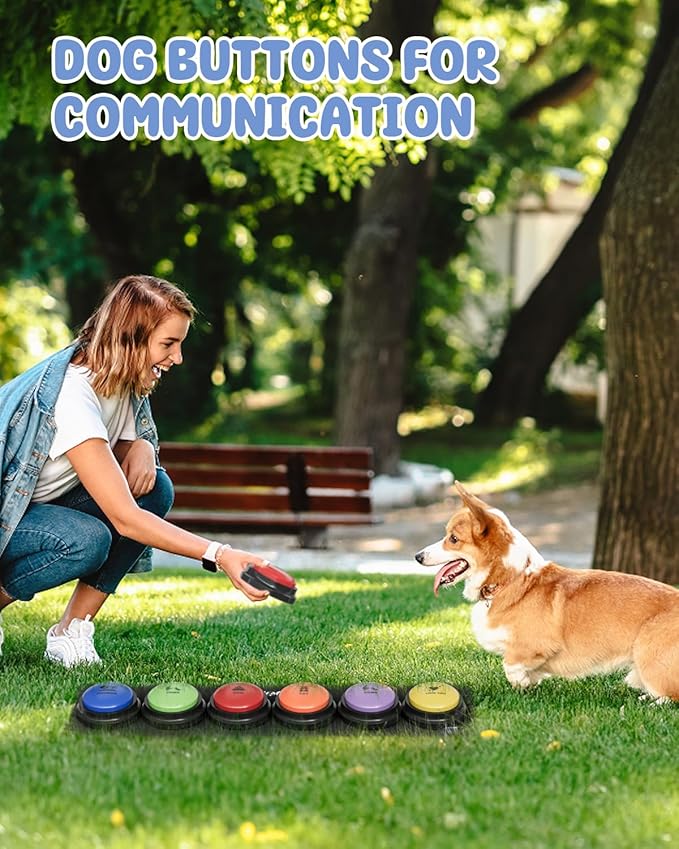 Dog Buttons for Communication, 6 Pcs Dog Talking Button Set, 30s Voice Recordable Pet Training Buzzer, Speaking Buttons for Cats & Dogs with Waterproof Dog Activity Mat and 24 Scene Stickers
