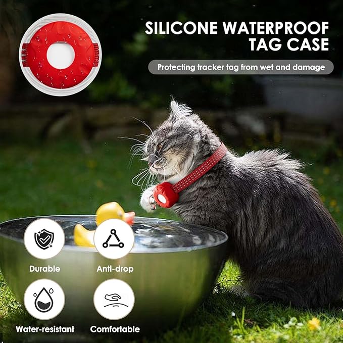 GPS Tracker for Cats, Compatible with Apple Find My App (Only iOS), No Monthly Fee Cat Tracker, Waterproof (White Tracker, Red Cat Collar)