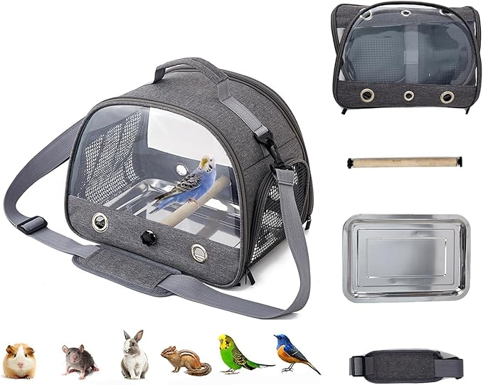 MANON ROSA Bird Carrier Travel Cage with Perch-Lightweight Breathable Parrot Backpack with Stand Tray Shoulder Strap for Small Pet Chinchillas Hamsters Squirrels Bunnies Kittens