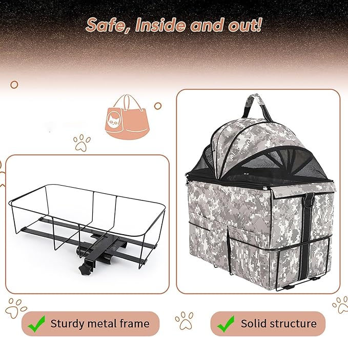 Bike Pet Carrier Rear Basket | Multi - Use As Backpack & Car Seat Cover | Sturdy Metal Frame