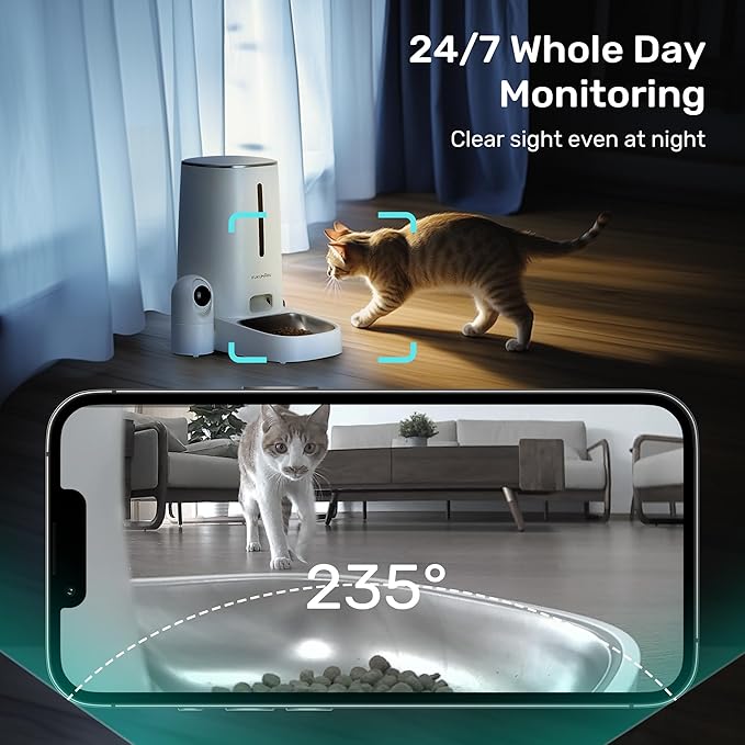 FUKUMARU Automatic Cat Feeder with Rotating Camera,1080P HD Video with Night Vision, 5G WiFi APP Control Pet Feeder, 2-Way Audio, Low Food, Motion & Sound Alerts