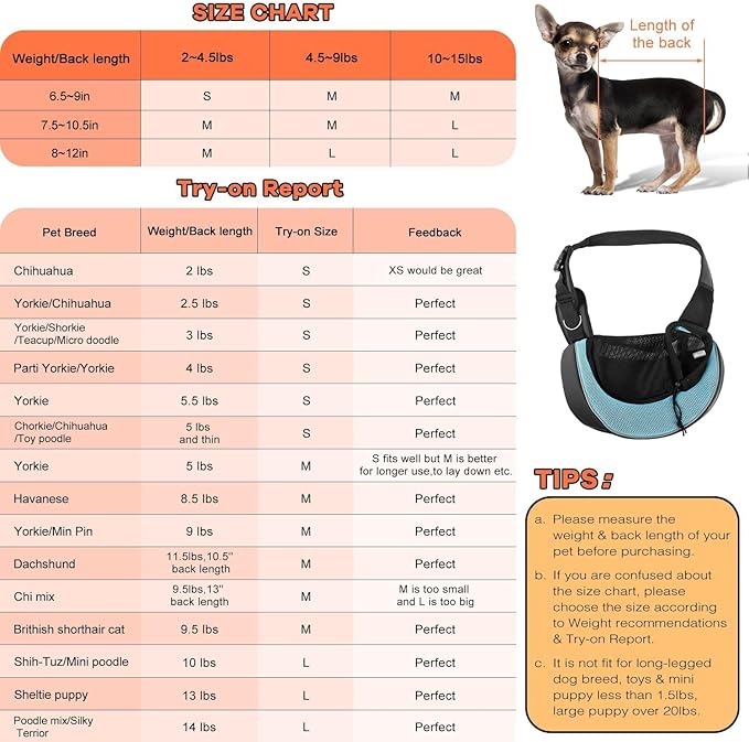 YUDODO Pet Sling Carrier for 5-9 lbs Small Dogs & Cats – Hands-Free Puppy Carrier with Safety Hook, Large Zipper Pocket, Soft Breathable Mesh, Adjustable Strap & Reflective Strip (Cyan 3.0 M)