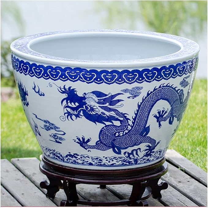 Fish Tabk Chinese Style Blue and White Ceramic Goldfish Bowl Fish Tank Balcony Fish Culture Tank Courtyard Lotus Tank Turtle Tank Aquarium Starter Kits Cool Fish Tank(Color:B,Size:63cm)