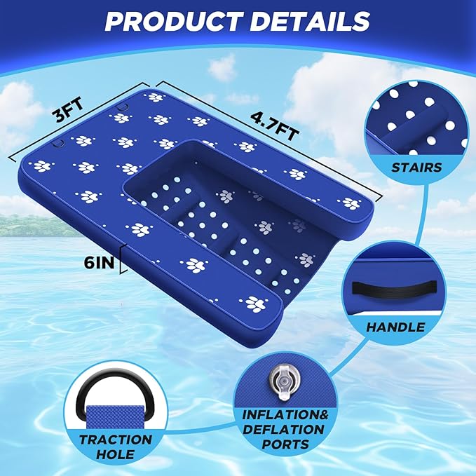 Inflatable Dock Platform, Dog Boat Ramp Floating Non-Slip Oxford and PVC with Water Ramp for Dogs Pool, Dock, Lake with Traction Rope, Manual Air Inflation Pump Dark Blue (4.7ft x 3ft x 6in)