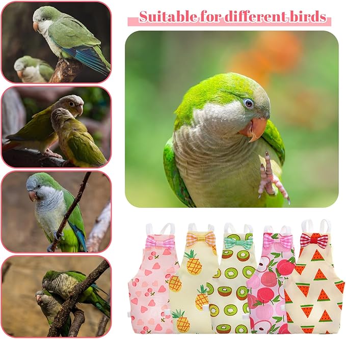 5 Pcs Bird Diaper, Parrot Nappy with Waterproof Inner Cute Parrot Pants Reusable Cockatiel Clothes Flight Suit for Parakeet Cockatiel Mini Macaw Budgie Canary