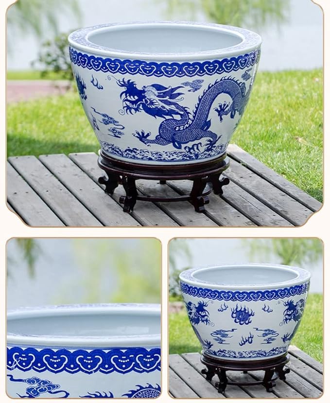 Fish Tabk Chinese Style Blue and White Ceramic Goldfish Bowl Fish Tank Balcony Fish Culture Tank Courtyard Lotus Tank Turtle Tank Aquarium Starter Kits Cool Fish Tank(Color:B,Size:63cm)