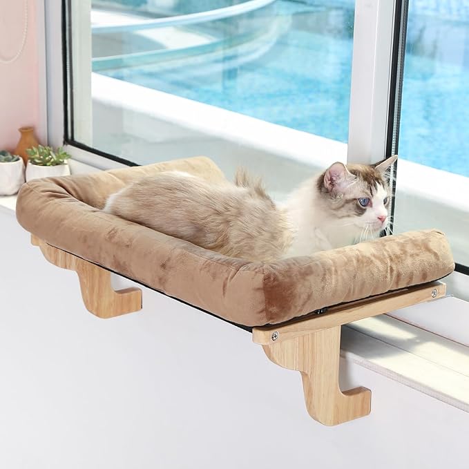 Zakkart Cat Perch for Window Sill with Bolster - Orthopedic Hammock Design with Premium Hardwood & Robust Metal Frame - Cat Window Seat for Large Cats - Natural Color Wood Brown Bed, XLarge 26.4''W
