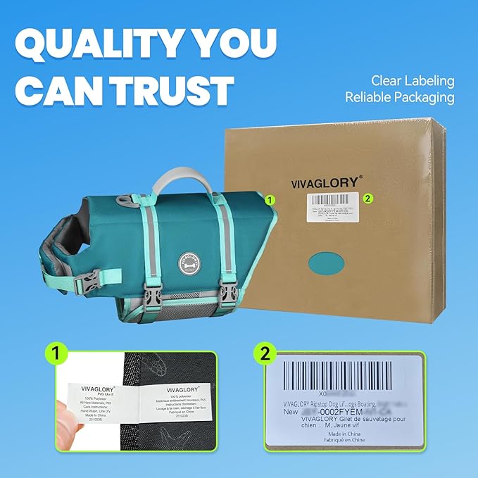 VIVAGLORY Rip Stop Dog Life Vest, Swimming Vest with Handle, Buoyancy for Doggy Puppy, Dog Life Jacket for Swimming & Boating, S, Turquoise