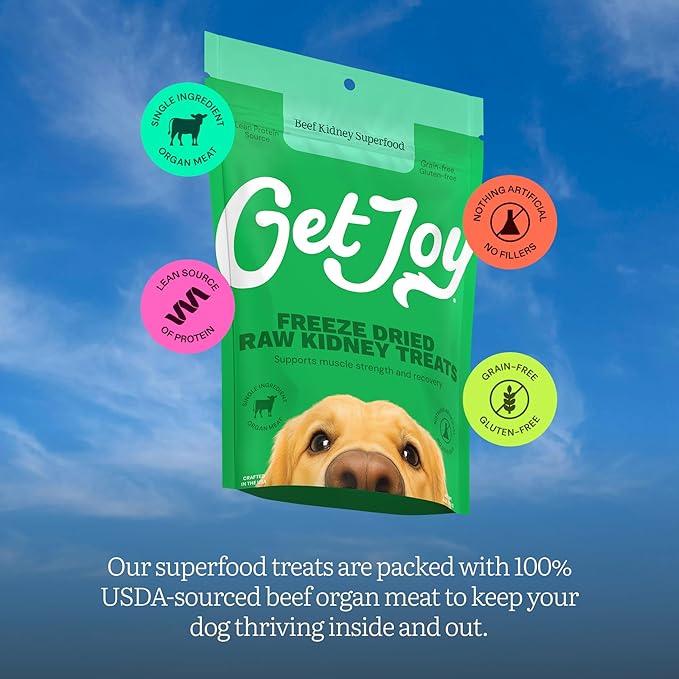 Get Joy Freeze Dried Dog Treat, 100% Beef Kidney, 4 Ounce Bag (Pack of 3), Single Ingredient Organ Meat, High Protein, Immune Health, Muscle Repair, Grain Free, Gluten Free, Made in USA