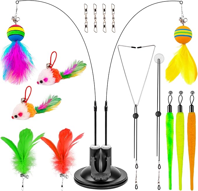 Cat Toys Wand, Interactive Cat Toy with Super Suction Cup Sticky Detachable 12 PCS Feather Replacements 2 Wands Cat Spring Feather Toys for Indoor Cats Kitten Toys (9 Toys Double Headed)