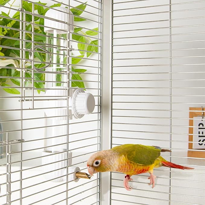 9.4 Fl Oz No Mess Bird Water Dispenser, Automatic Parrot Water Feeder with Spring Valve, Clear Cage Water Drinker for Parakeets Cockatiels Budgies Finch Lovebirds & Canary (White, 7.4 fl oz (220ml))