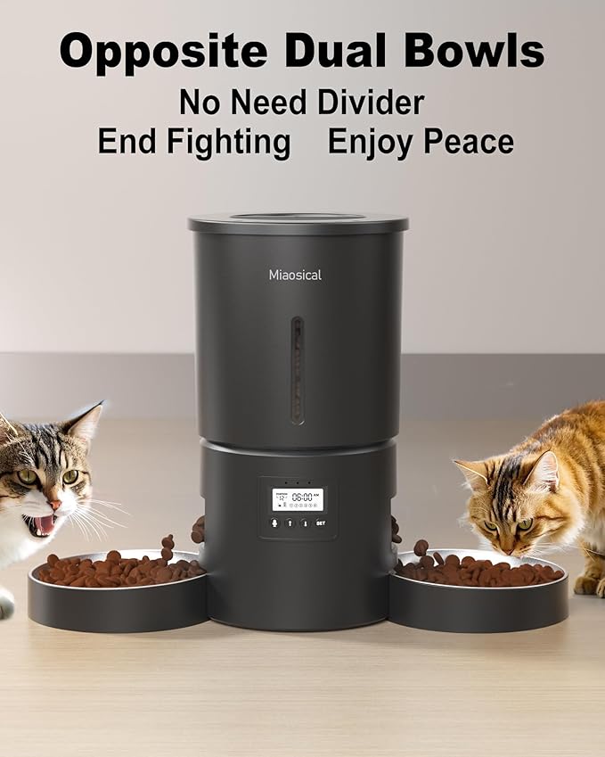 Automatic Cat Feeder for 2 Cats,6 Meals/Day,12 Portions/Meal,Dual Power Double Bowls,Dry Pet Food Autofeeder,10S Voice Record,Flexible Programmable Schedule Timer