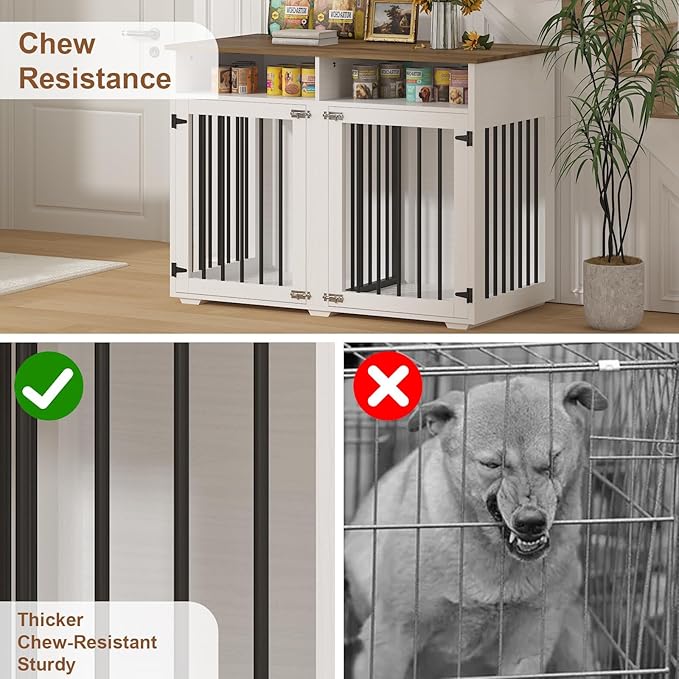 Furniture Dog Crate for Two Dogs, 41 Inch Farmhouse Style Dog Kennel with Removable Divider and Thickened Desktop, Heavy-Duty Base for Small to Medium Dogs, White