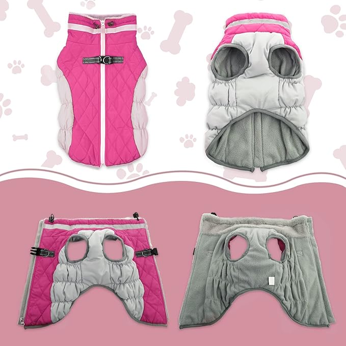 Lelepet Dog Coat Warm Dog Winter Coat Waterproof Dogs Jacket with Harness Built in Reflective Pet Fleece Vest Zip-Up Cold Weather Coats for Large Dogs Turtleneck & Windproof Coats Pitbull Rose Red 2XL