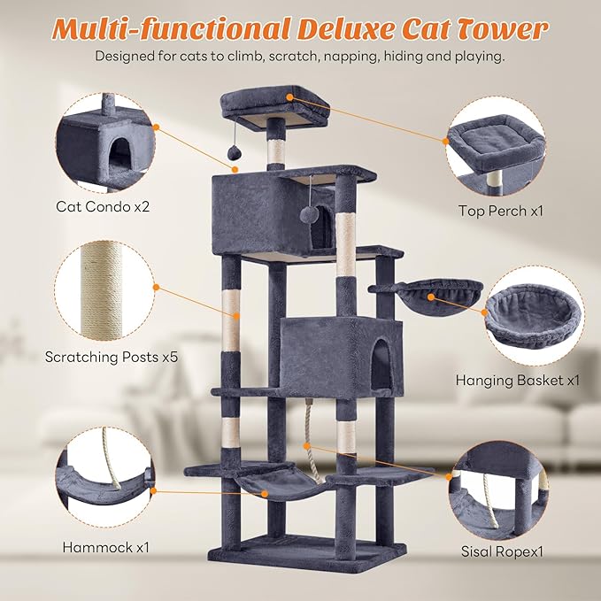 Sweetcrispy 66 Inch Cat Tree Tower, Multi Level Cat Climbing Tower with Natural Sisal Scratching Posts, Hammock, Pet Condo for Indoor Cats and Kittens Play, Dark Grey