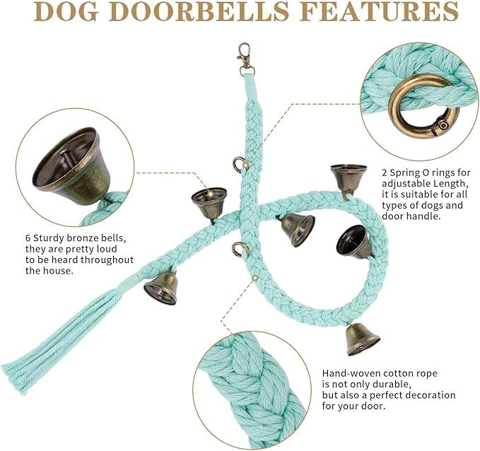 Dog Bell for Door Potty Training, Cotton Handwoven Dog Doorbell with 6 Extra Loud Bells for Dog Training, Adjustable Hanging Door Bell for Small Medium Large Dogs to Ring to Go Outside, LightGreen