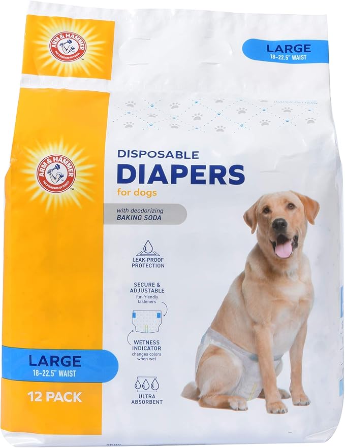 Arm & Hammer for Pets Disposable Female Dog Diapers with Odor Control and Wetness Indicator, Leak Resistant Dog Diapers for Incontinence and Heat Cycles, Size Large 18–23 in Waist, 12 Count - 2 Pack