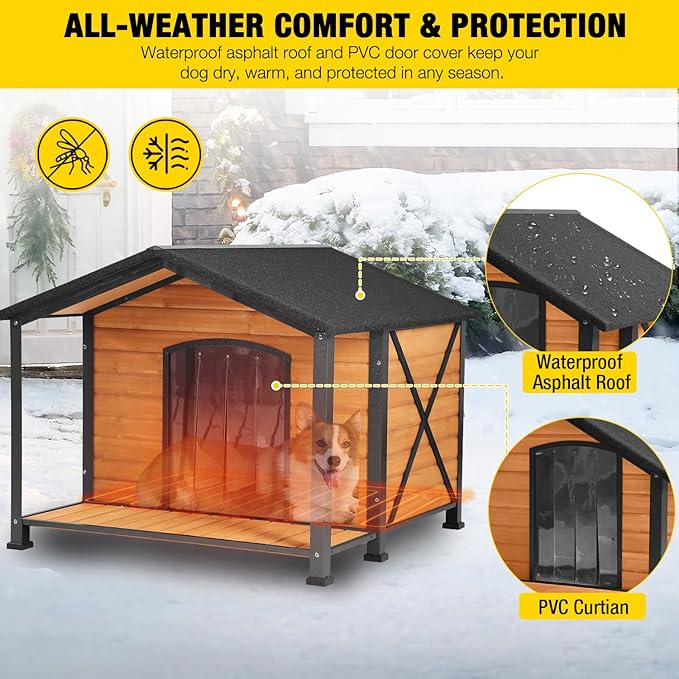 AIVITUVIN Heated Outdoor Dog House - Weatherproof Insulated Wooden Shelter with Iron Frame, Large Porch for Medium & Large Dogs, Indoor/Outdoor Kennel(XL)