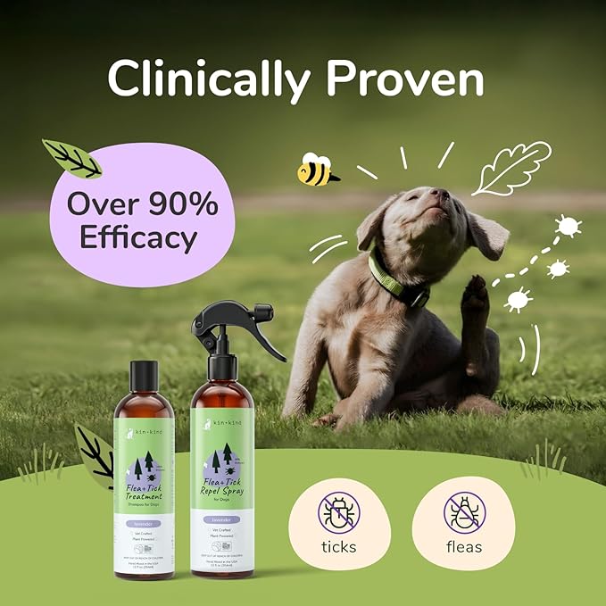 kin+kind Flea and Tick Spray for Dogs – Plant Based Flea Spray with Rosemary, Lavender & Cedarwood Oil – Pet Supplies for Bugs and Pests – Flea & Tick Pet Spray Prevention 12 fl oz