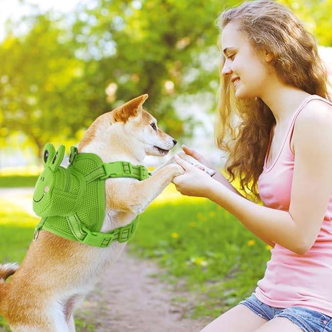 Dog Harness with Backpack, Adjustable Dog Backpack Harness for Small Medium Dogs, No-Pull Breathable Backpacks for Dogs to Wear, for Traveling, Hiking, Camping, Training, Green Frog XS