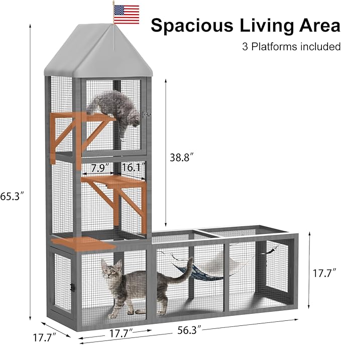 Cat Catio with Tunnel, 4 in 1 Outdoor Cat Enclosure Include 2 Catio and 2 Tunnel, Cats Enclosure with Kitten Hammock and Waterproof Cover, Indoor Outdoor Cats Cage Playground with 2 Door