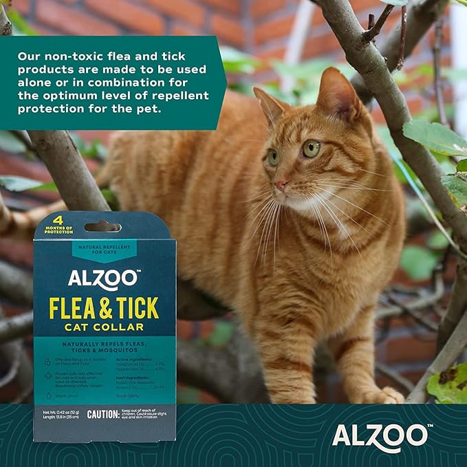 ALZOO Natural Flea & Tick Cat Collar, Helps Repel Fleas, Ticks & Mosquitoes, Plant-Based Active Ingredients, Phthalates and PVC Free Up to 4 Months Protection, Single