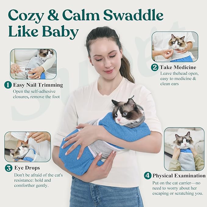Supet Cat Grooming Wrap for Cutting Nails, Self-Adhesive Anti-Scratch Swaddle with Bite-Proof Mesh Hood & Thick Waist Strap Anti-Escape Bag for Nail Trimming, Medication, Ear Cleaning (Blue L)