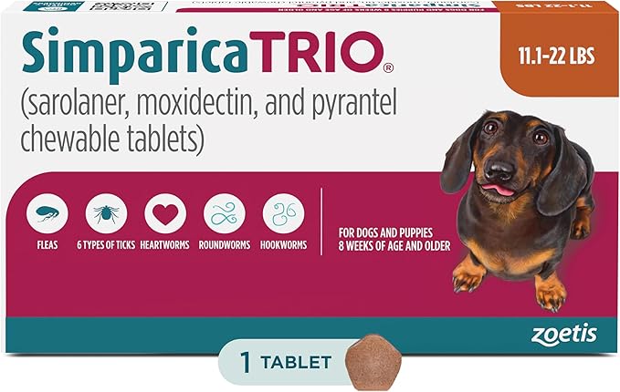Simparica Trio (sarolaner, moxidectin, and pyrantel chewable Tablets) Chewables for Dogs, 12 mg/tab, 11.1-22 lbs, (Caramel), 1 Tablet