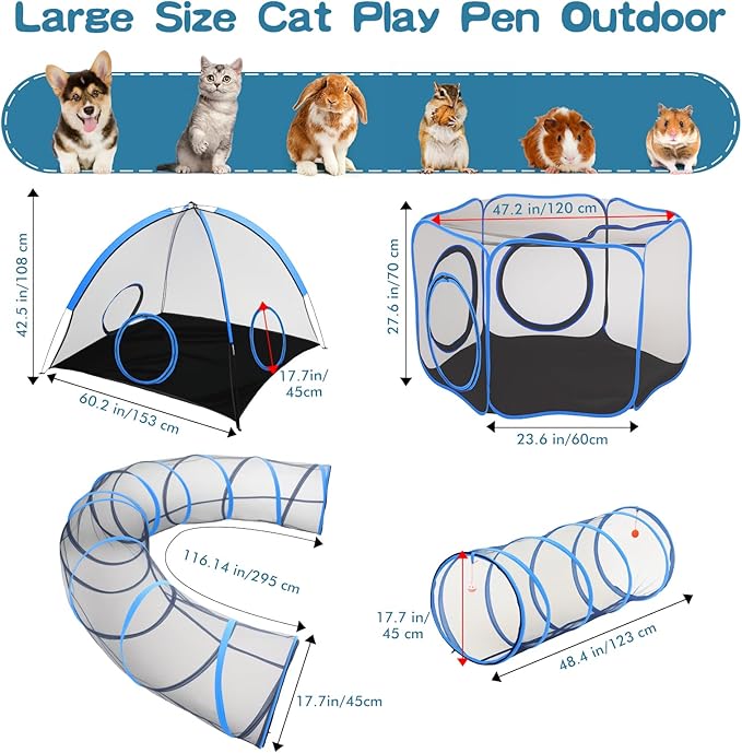 Outdoor Cat Enclosure, 5-in-1 Cat Tent Outdoor Pet Playpen with Tunnel, Portable Catio Play Pen for Outside and Indoor cat Enclosure with Storage Bag for Kitty and Small Animals