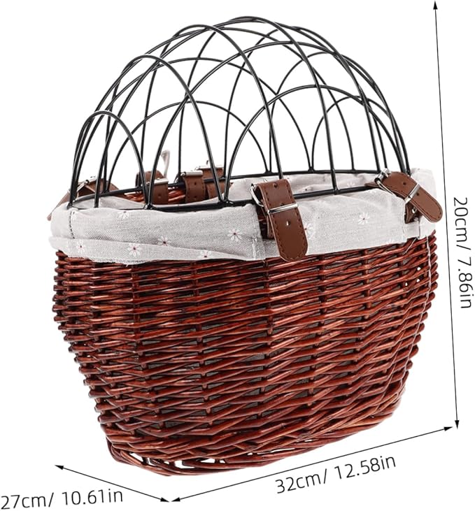 Wicker Dog Bicycle Carrier Detachable Front Bike Basket for Pets Stylish Rattan Storage with Wire Mesh Cover for Shopping and Commuting