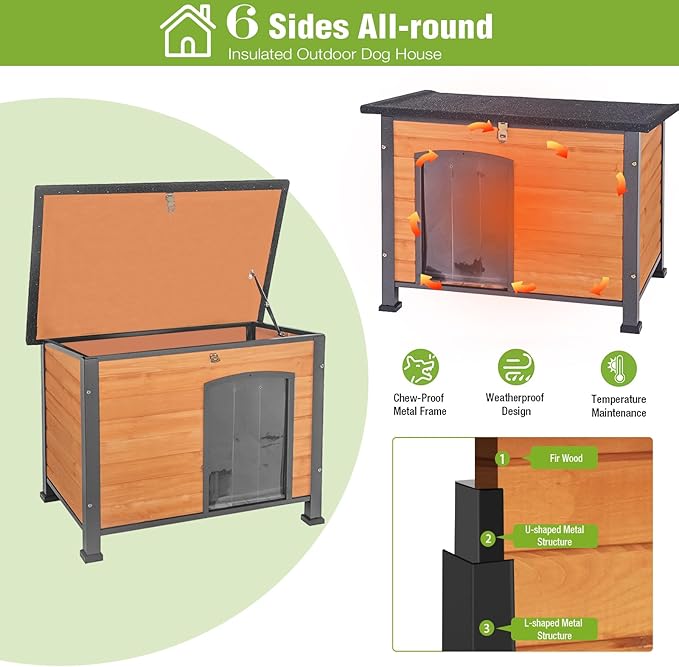 GUTINNEEN Large Outdoor Insulated Dog House Weatherproof Dog Kennel Indestructible Dog Shelter with Chew-Proof Full Metal Frame, Openable Roof for Small to Large Dog Breeds (33.5"L x 22"W x 25.2"H)