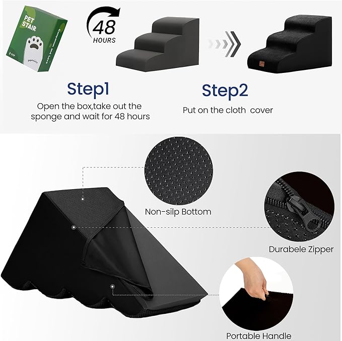 gogobunny Ramp Cat Dog Stairs for Beds, Cat Slope Stairs with Durable Waterproof Fabric Cover, Pet Steps for Old Large Dogs Climbing (Black, 5-Step (33" D x 15.7" W x 22.6" H), 5.0)