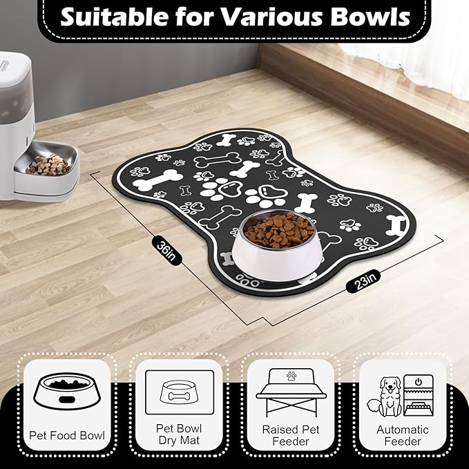 Dog Cat Food Mat,Rapid Absorbent Pet Feeding Mat, Bone Shaped Dog Placemat Water Bowl Mat with Rubber Backing,No Stains Dog Cat Food Mats Indoor, Pet Accessories Supplies 23"x36" Black