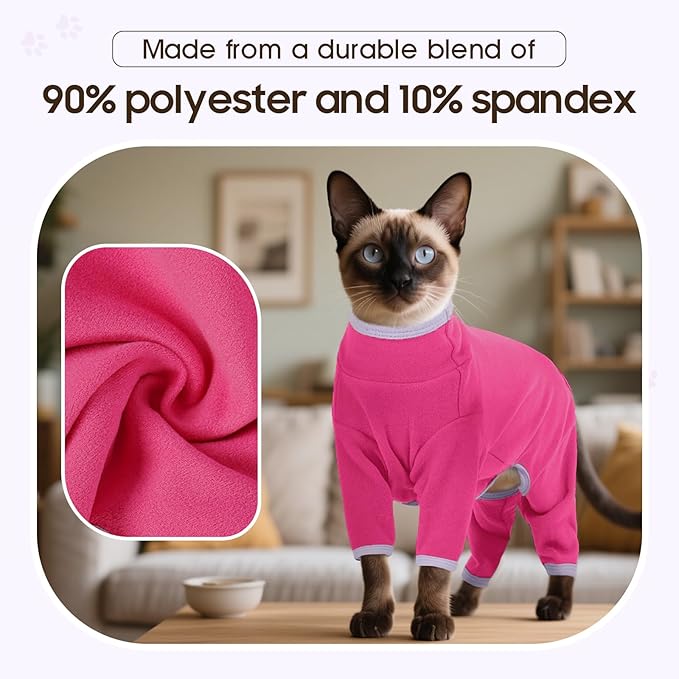 DENTRUN Cat Clothes for Hair Control with Hair Sticky Fabric - Soft Recovery Suit & Breathable Lint-Resistant Cat Sweater for Cats Only, Kitten Onesie Pajamas, S, Bright Pink