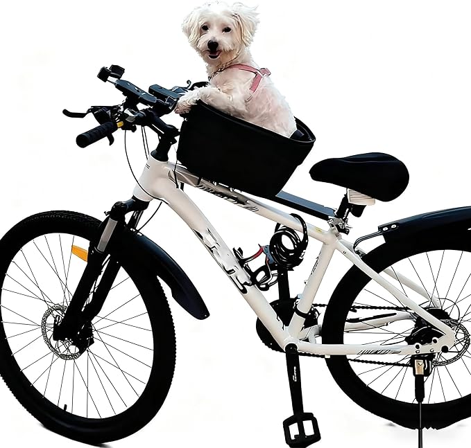 Dog Bike Basket – Bicycle Pet Carrier with Quick-Release Mount, Safety Tether & Metal Wire Frame – Front Bike Basket for Small Dogs & Cats, 34×23×18 cm, up to 25 lb(Under 15 pounds)