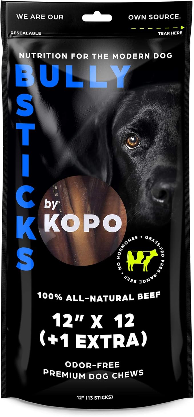 Kopo Dog Bully Sticks 12 inch - Regular Size, (12 Pack + 1 Extra) - Chew Sticks - 100% All Natural Beef Pizzle, One Ingredient Treats - More Protein Than Collagen Sticks - Long Lasting Dog Treats