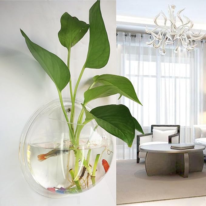 Transparent Wall Mounted Fish Tank 7.68In Hanging Aquarium Bowl for Home Decor Space-Saving Clear Acrylic Fish Aquarium and Plant Display