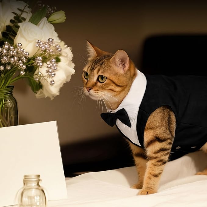 PUMYPOREITY Cat Tuxedo Suit Formal Wear with Bow Tie, Soft Skin-Friendly Cat Costumes for Cats Only, Elegant Outfit for Male Female Cats, Perfect for Wedding Birthday Photo Shoots, XL, Black