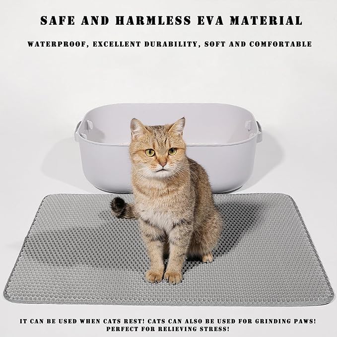 HCY&WLD Cat Litter Mat, 45x26/35x24/30x22/24x18 Inch Double Layer Cat Litter Box Mat, EVA Non-Slip, Waterproof Urine Proof Cat Litter Catcher Mat, Easy Clean Scatter Control (35x24 Inch, Gray)