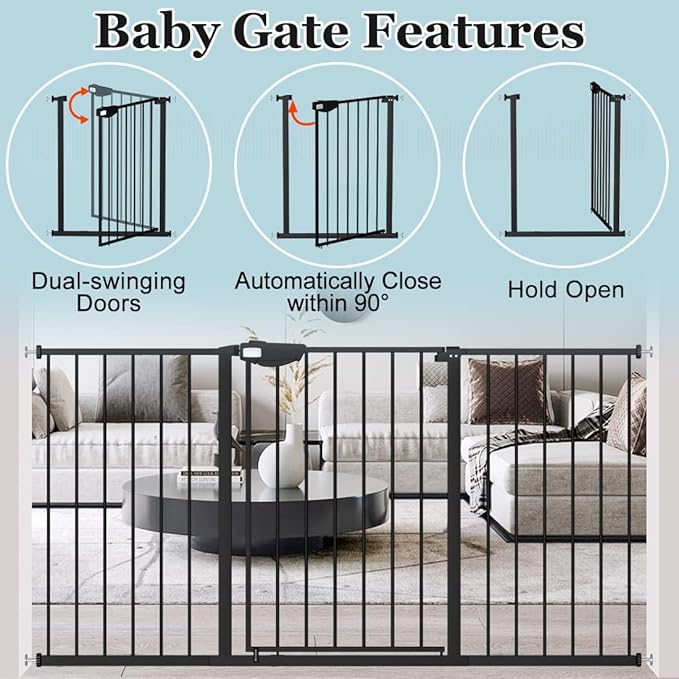 WAOWAO Triple Lock Baby Gate Extra Wide 49.21-53.14" Pressure Mounted Walk Through Swing Auto Close Safety Black Metal Dog Pet Puppy for Stairs,Doorways,Kitchen