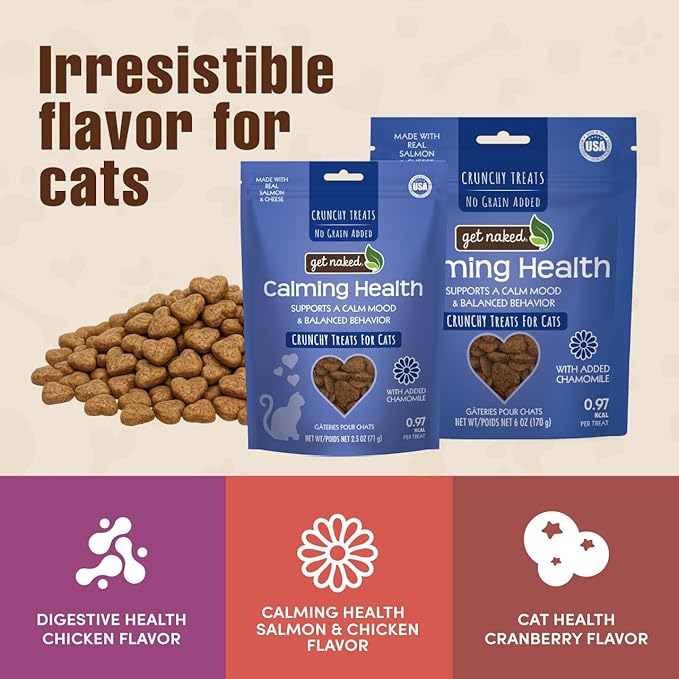 Get Naked Cat Calming Treats | Crunchy Salmon & Cheese Flavor | Feline Anxiety Relief & Stress Control | Grain-Free Cat Calming Product | Made in USA 2.5 oz